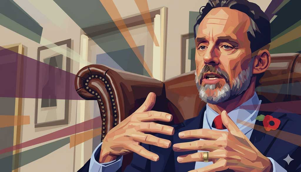 An illustration of psychologist Jordan Peterson passionately discussing personality psychology.