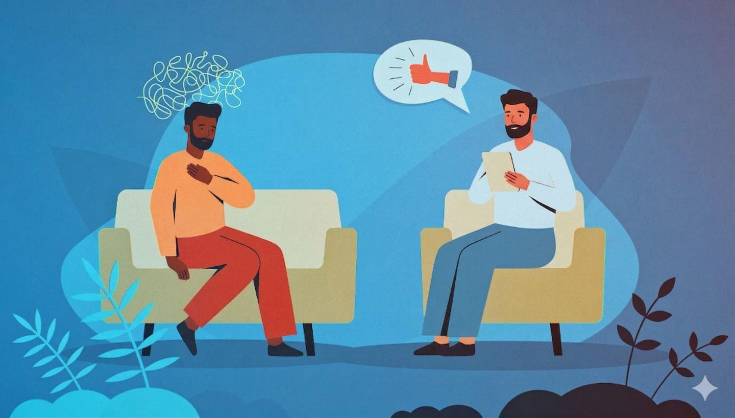 Two men sitting and talking, where one appears distressed with a tangled scribble above his head, and the other automatically gives a thumbs-up of approval, illustrating people-pleasing and conflict avoidance.